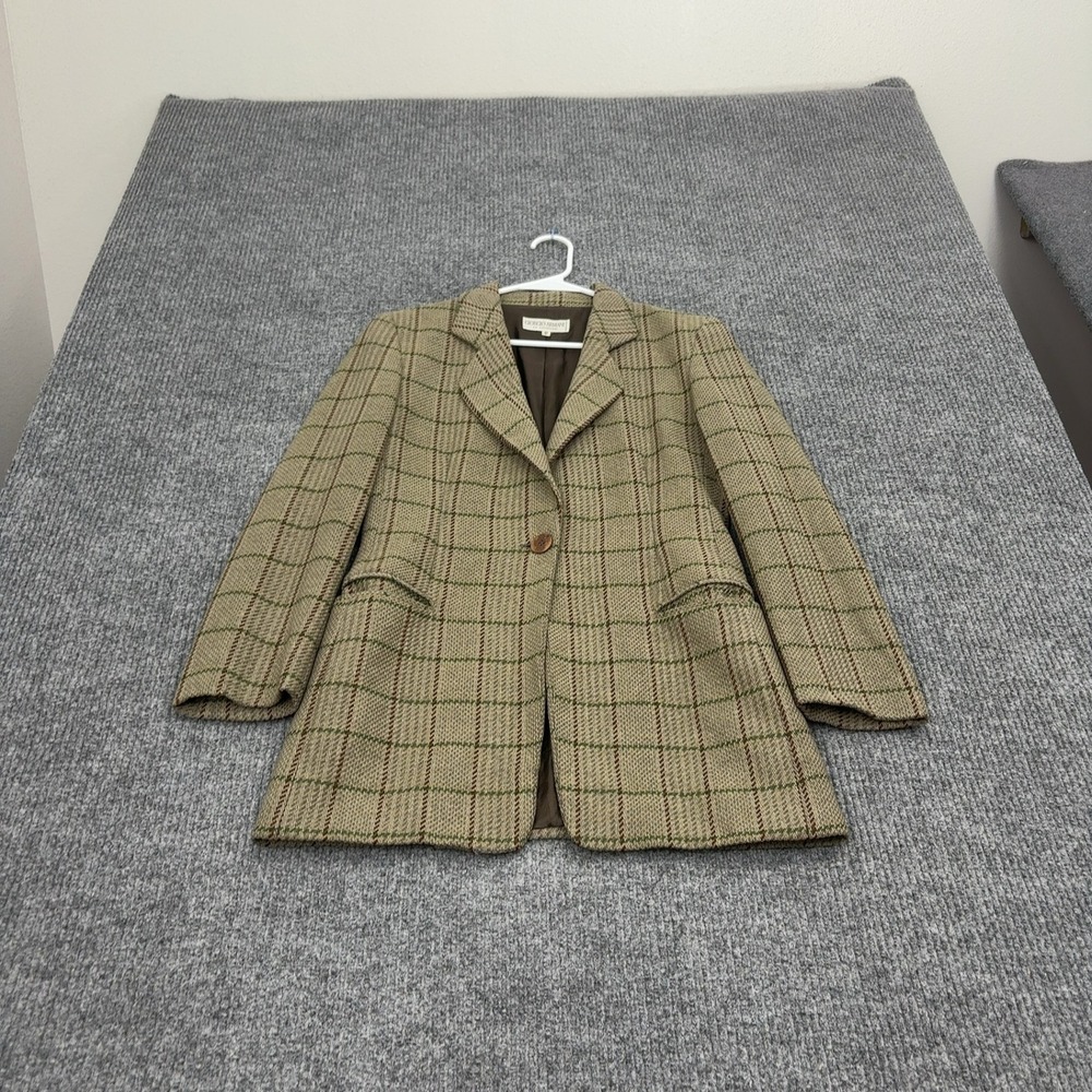 Vintage Giorgio Armani Blazer Womens 6 Tan Wool Plaid Check Single Button Luxury